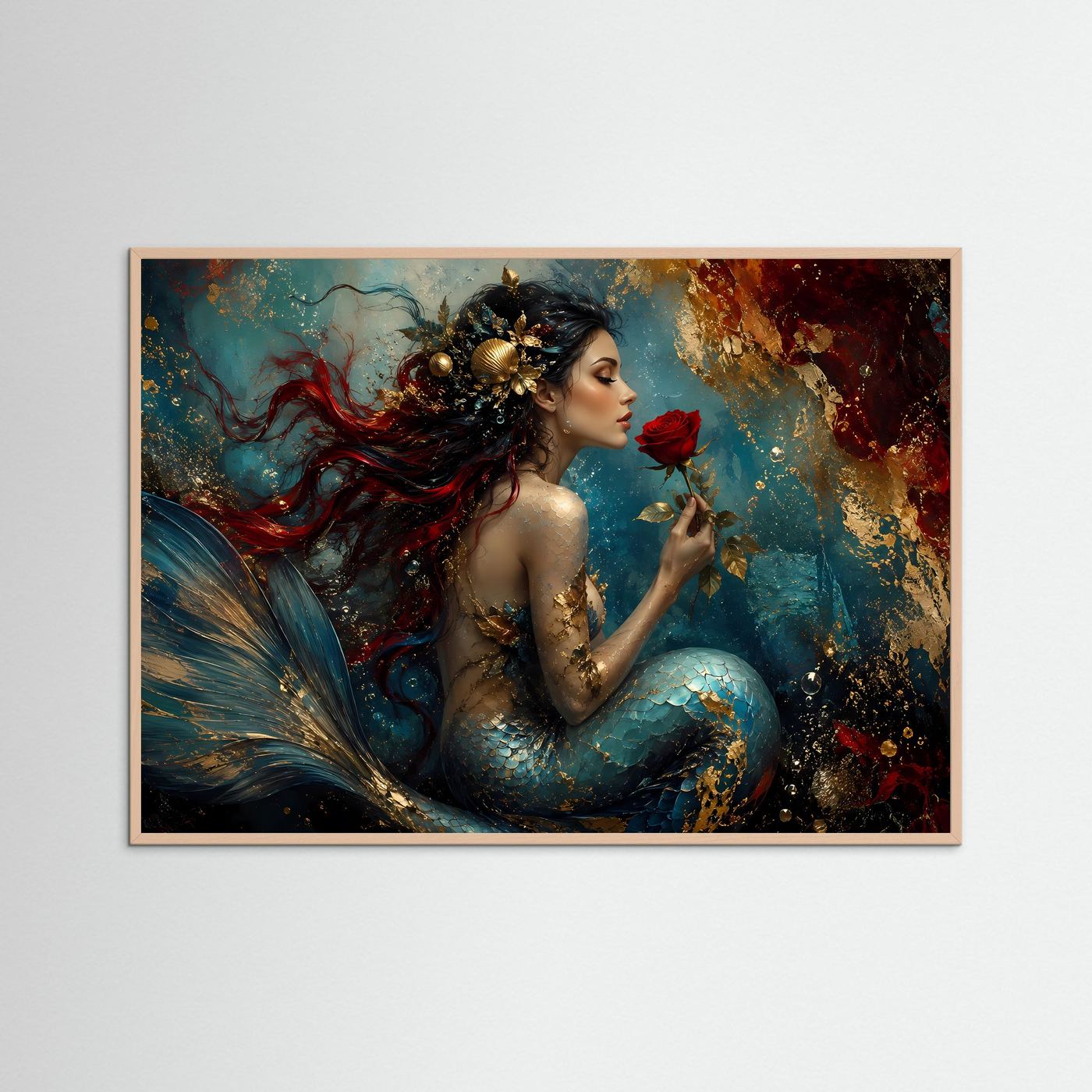 Mystische Meerjungfrau mit roter Rose in Gold & Petrol | Modernes Wandbild mit Fantasy-Art