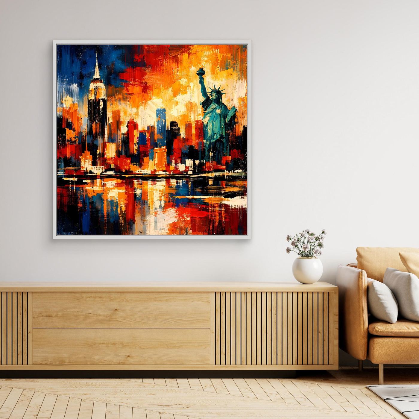Gerahmtes Leinwandbild: abstrakte New-York-Skyline mit Freiheitsstatue, bunte Farben