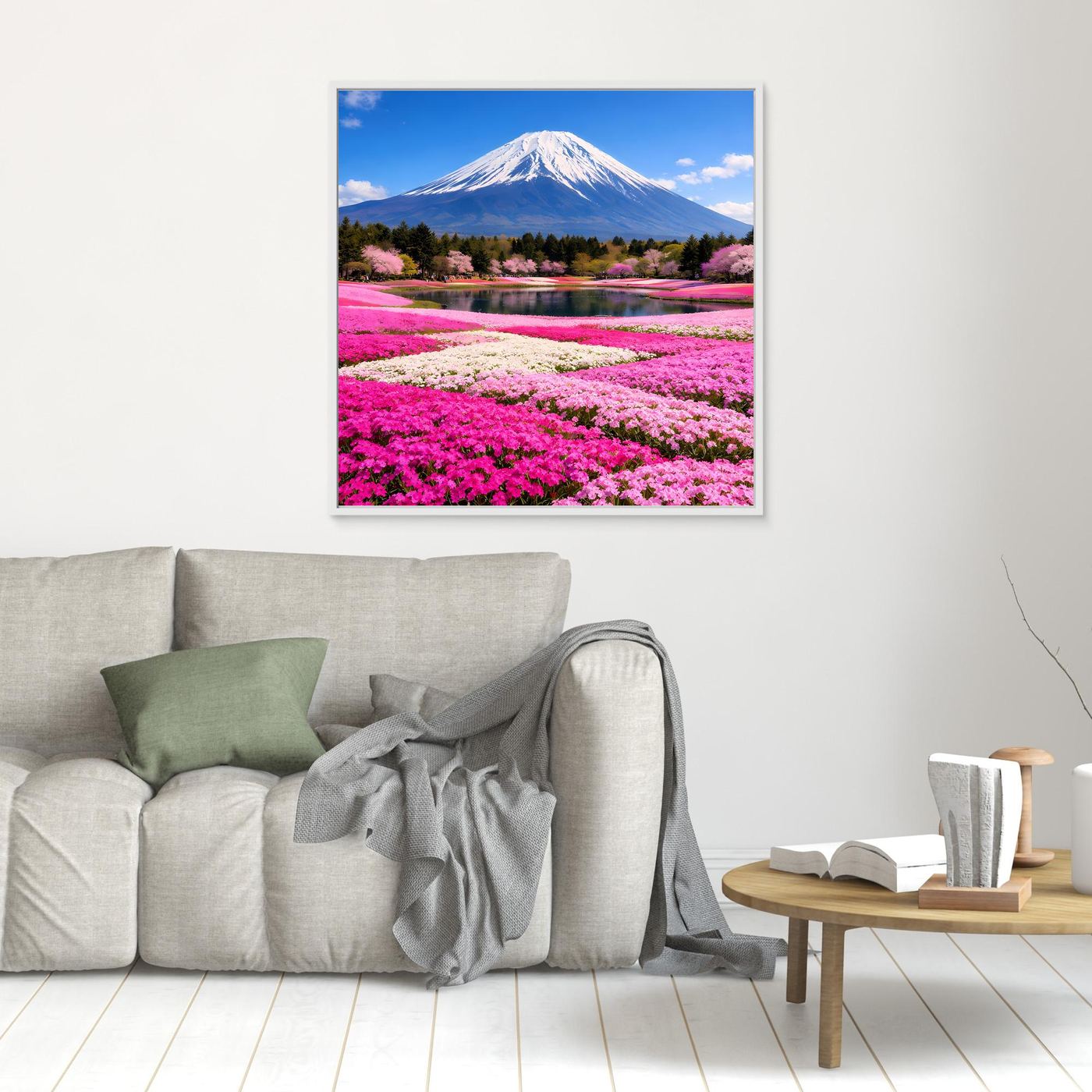 Leinwandbild mit Berg Fuji und pinken Kirschblüten am See, weißer Rahmen