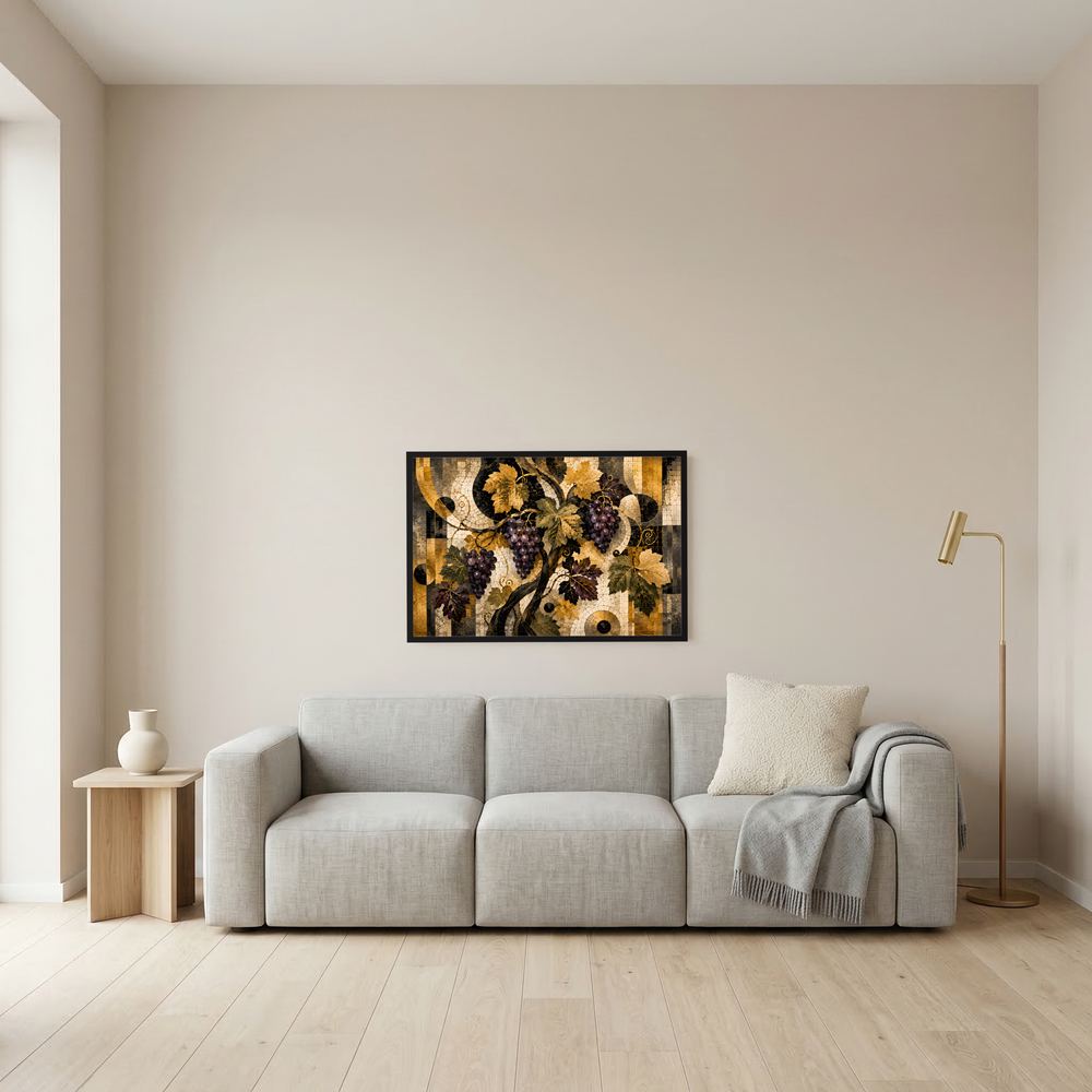 Gerahmtes Querformat-Kunstposter: Weinrebe mit Trauben im abstrakten Mosaik-Look.