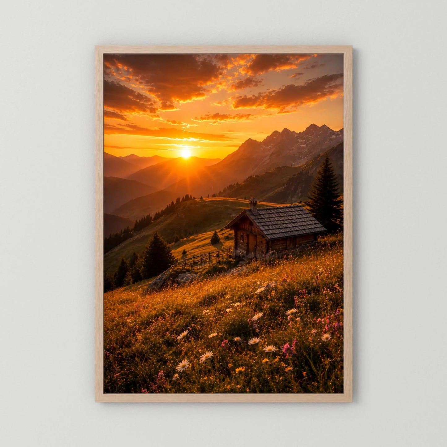 Poster im beigen Holzrahmen mit Sonnenuntergang über Alpen, Berghütte und Wiese im Herbstlicht