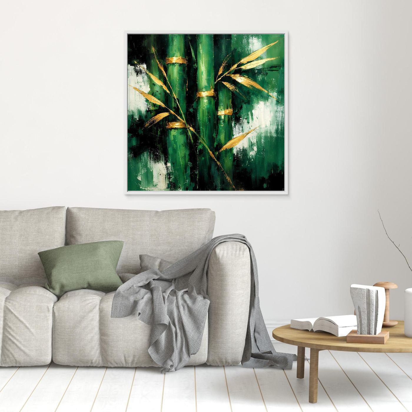 Leinwand Abstraktes Bambus Gemälde in Grün und Gold | Modernes Natur Wandbild