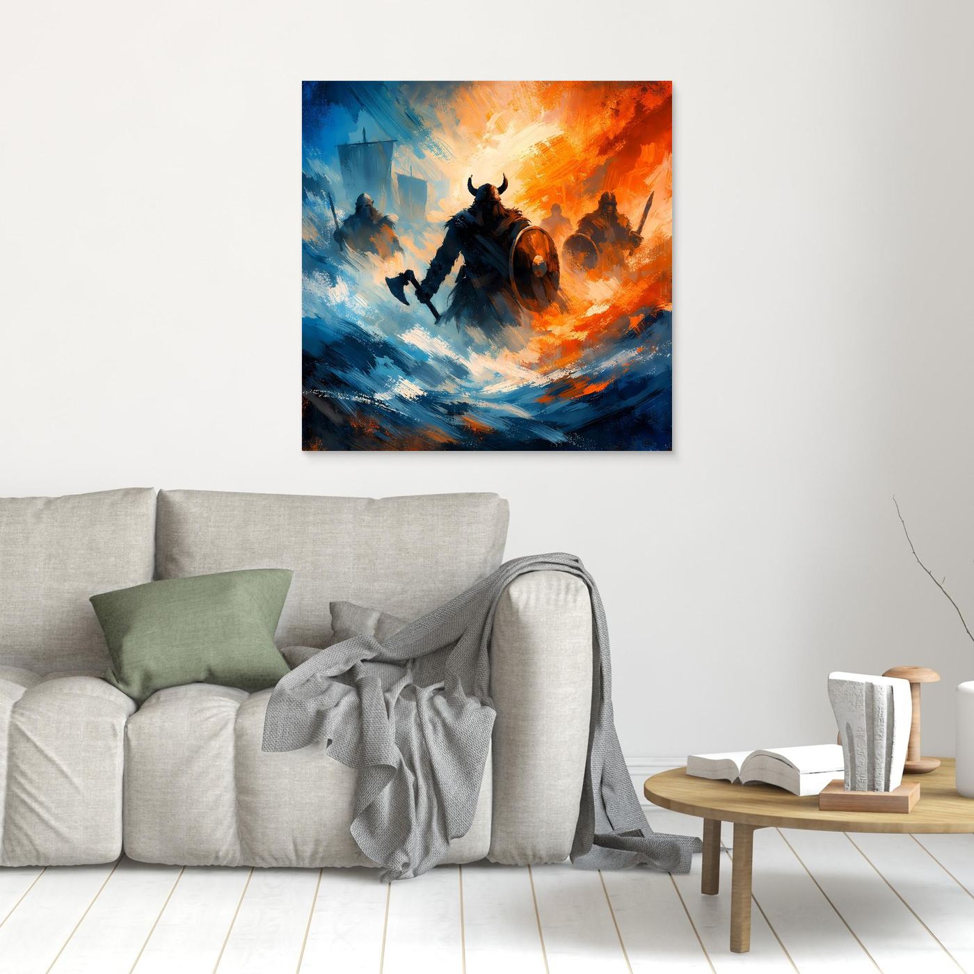 Kleines Wikinger-Wandbild, Blau-Orange, Holzrahmen