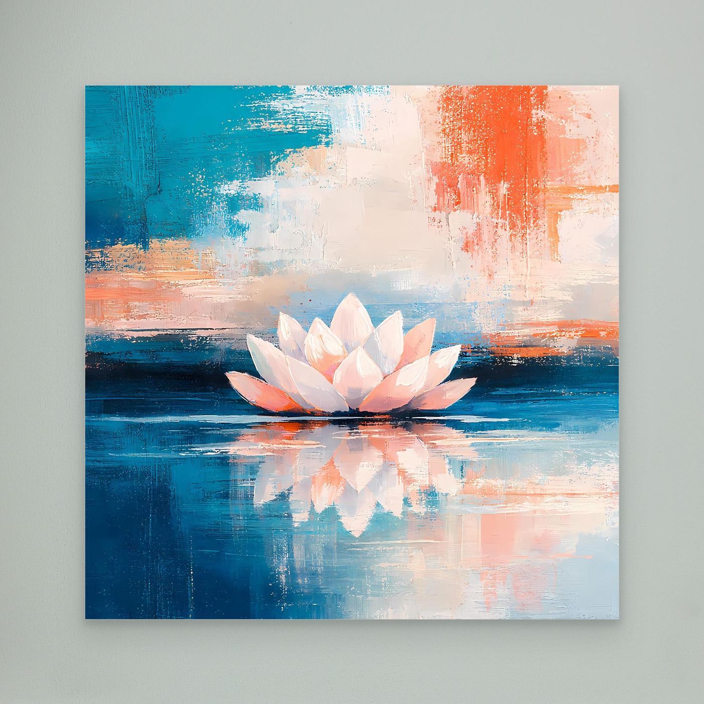 Leinwand Abstrakte Lotusblüte auf dem Wasser | Modernes Seerosen Wandbild Blau Orange