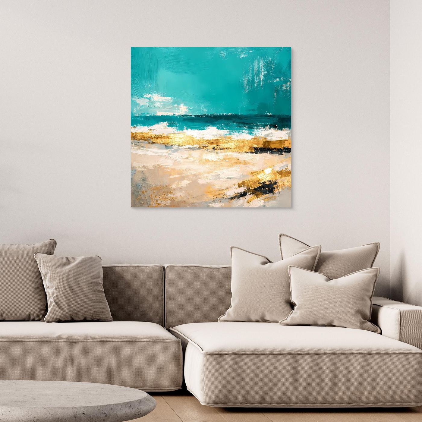Leinwand Abstraktes Strandgemälde in Türkis und Gold | Modernes Meer Wandbild