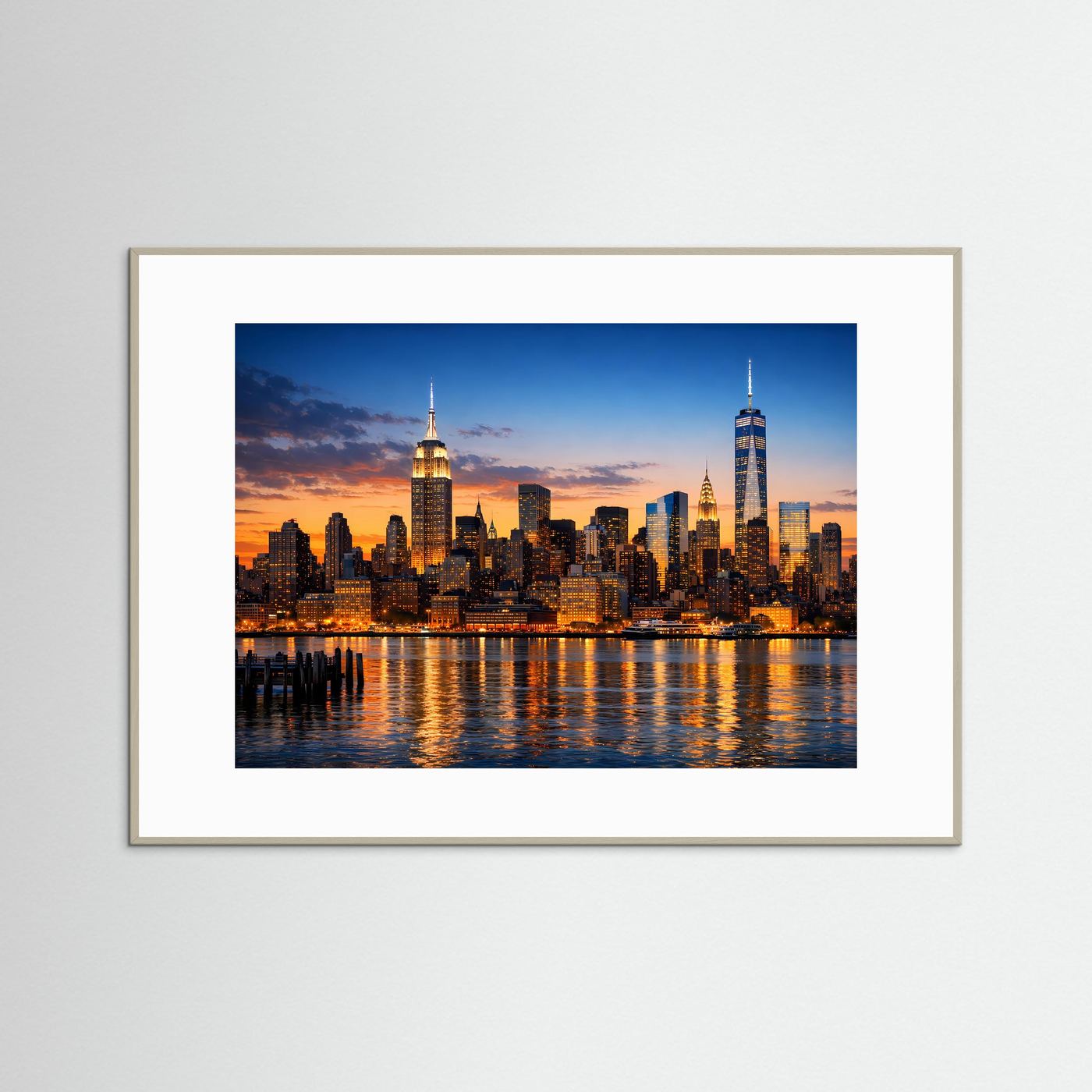 New-York-Skyline-Poster, Sonnenuntergang, grauer Rahmen, weißes Passepartout.