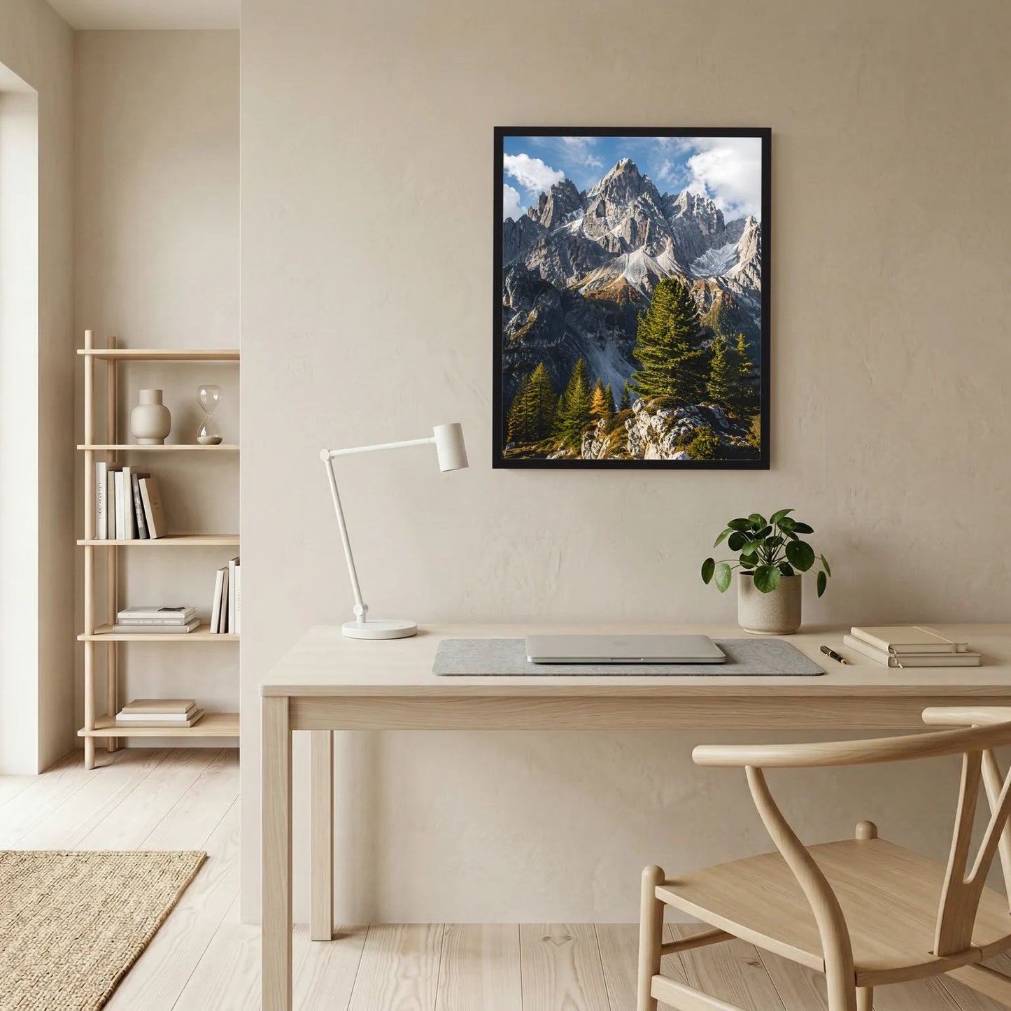 Poster mit Alpenbergspitzen und Tannenwald, schwarzer Rahmen