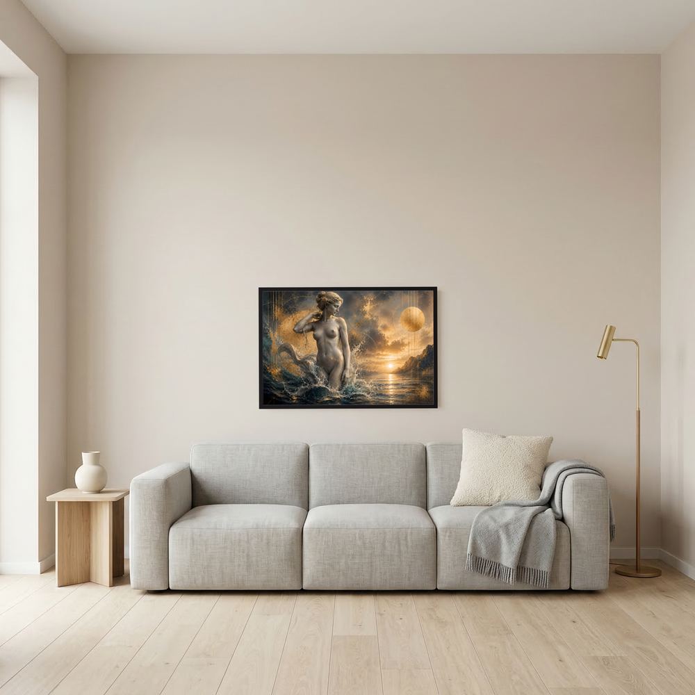 Wandposter im Querformat mit Frauenfigur im Wasser, goldener Himmel, runde Mondscheibe