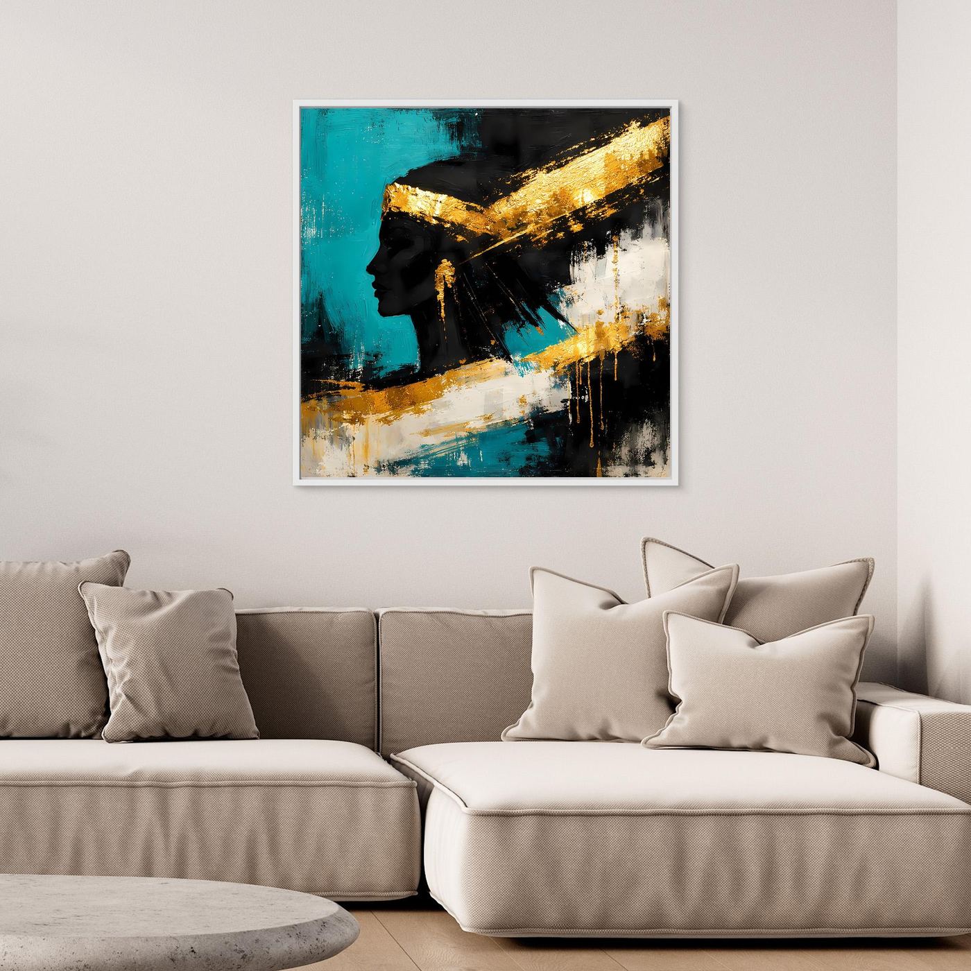 Quadratisches Leinwandbild mit abstrakter Gesichtssilhouette, Schwarz, Türkis und Gold-Akzenten