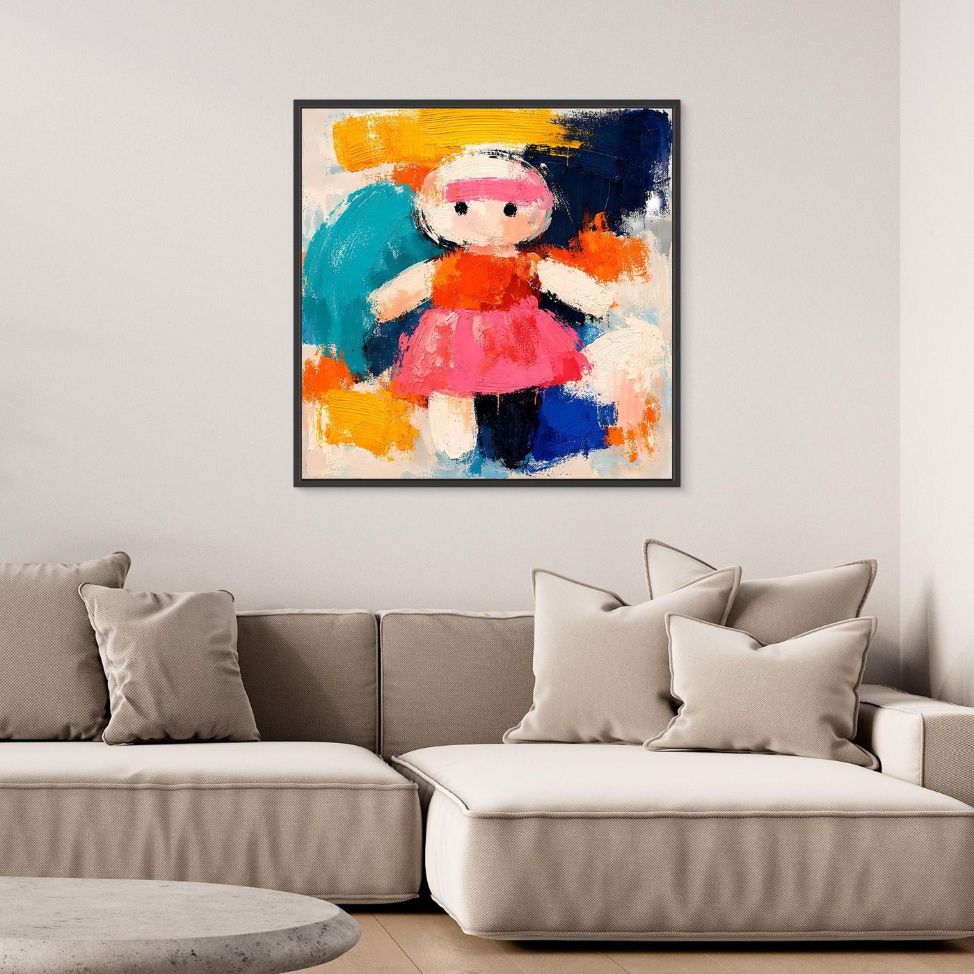 Abstract canvas wall art with colorful doll figure and modern brushstrokes, black frame
