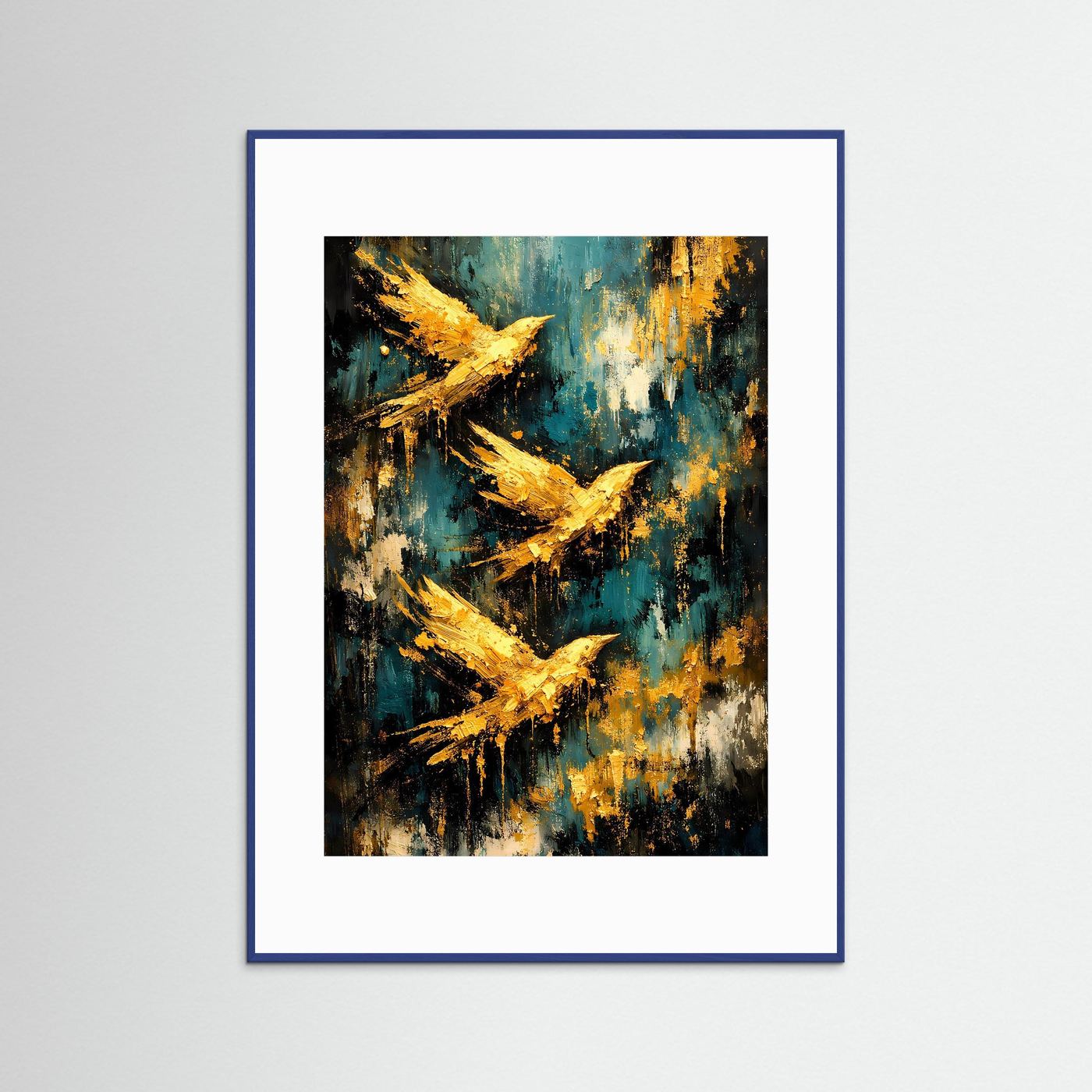 Vögel-Poster im Hochformat mit blauem Rahmen und weißem Passepartout, abstrakt, goldfarben