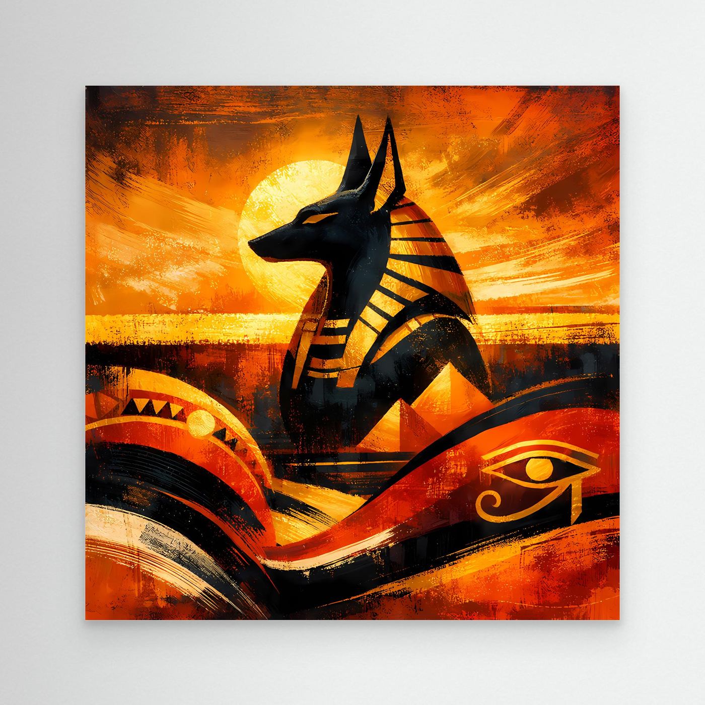 Abstraktes Anubis-Wandbild ohne Rahmen, schwarze Figur, warmes Orange und Gelb