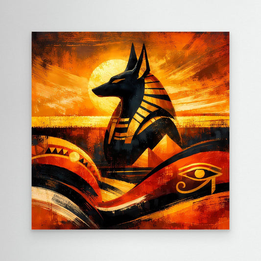Abstraktes Anubis-Wandbild ohne Rahmen, schwarze Figur, warmes Orange und Gelb