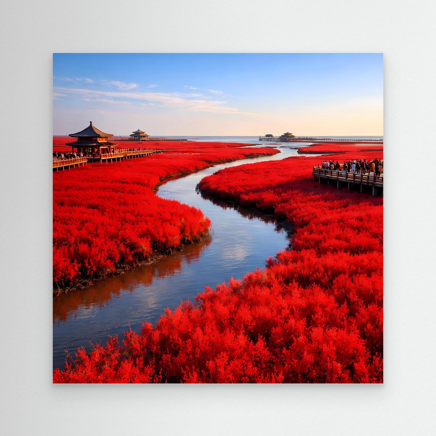Leinwandbild: roter Fluss mit rot leuchtender Vegetation und Holzstegen am Ufer