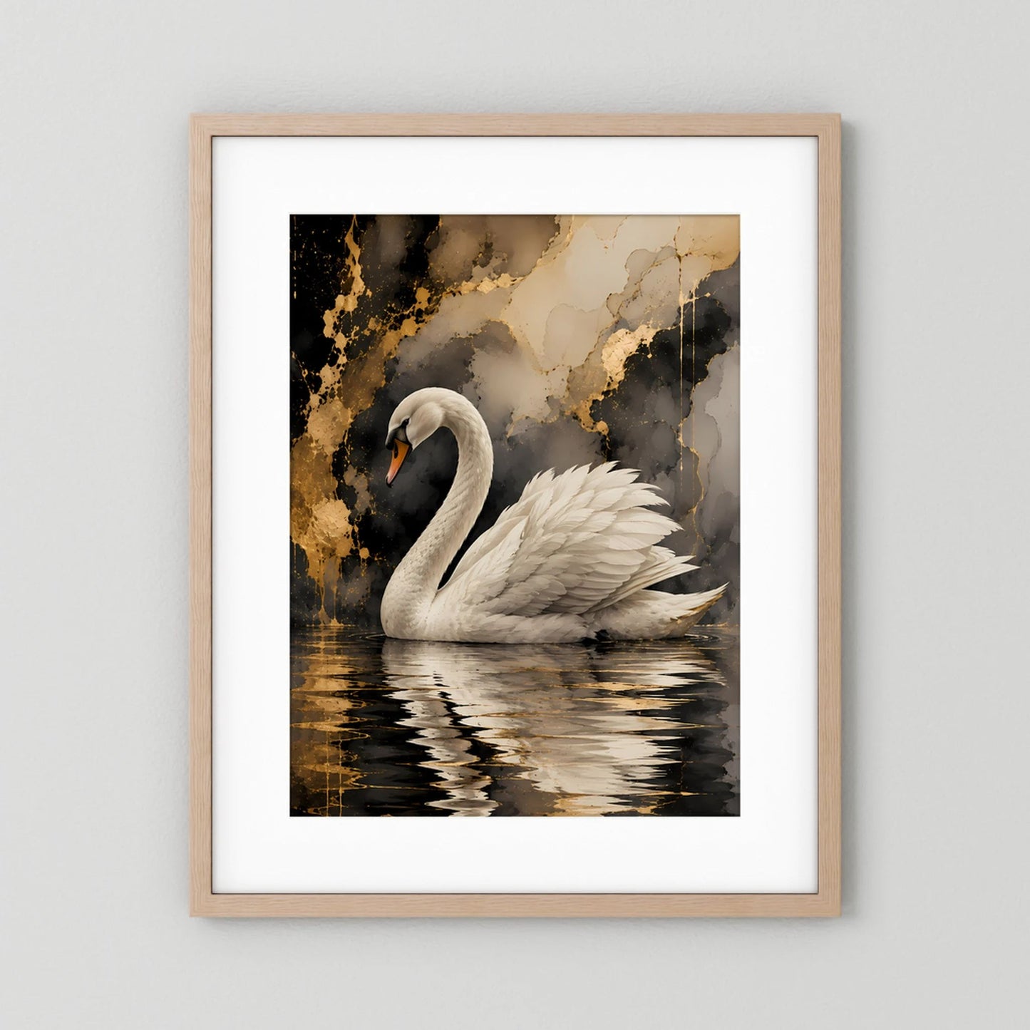 Gerahmtes Poster mit weißem Schwan im Wasser, Gold-Schwarz-Abstraktion, heller Holzrahmen mit Rand