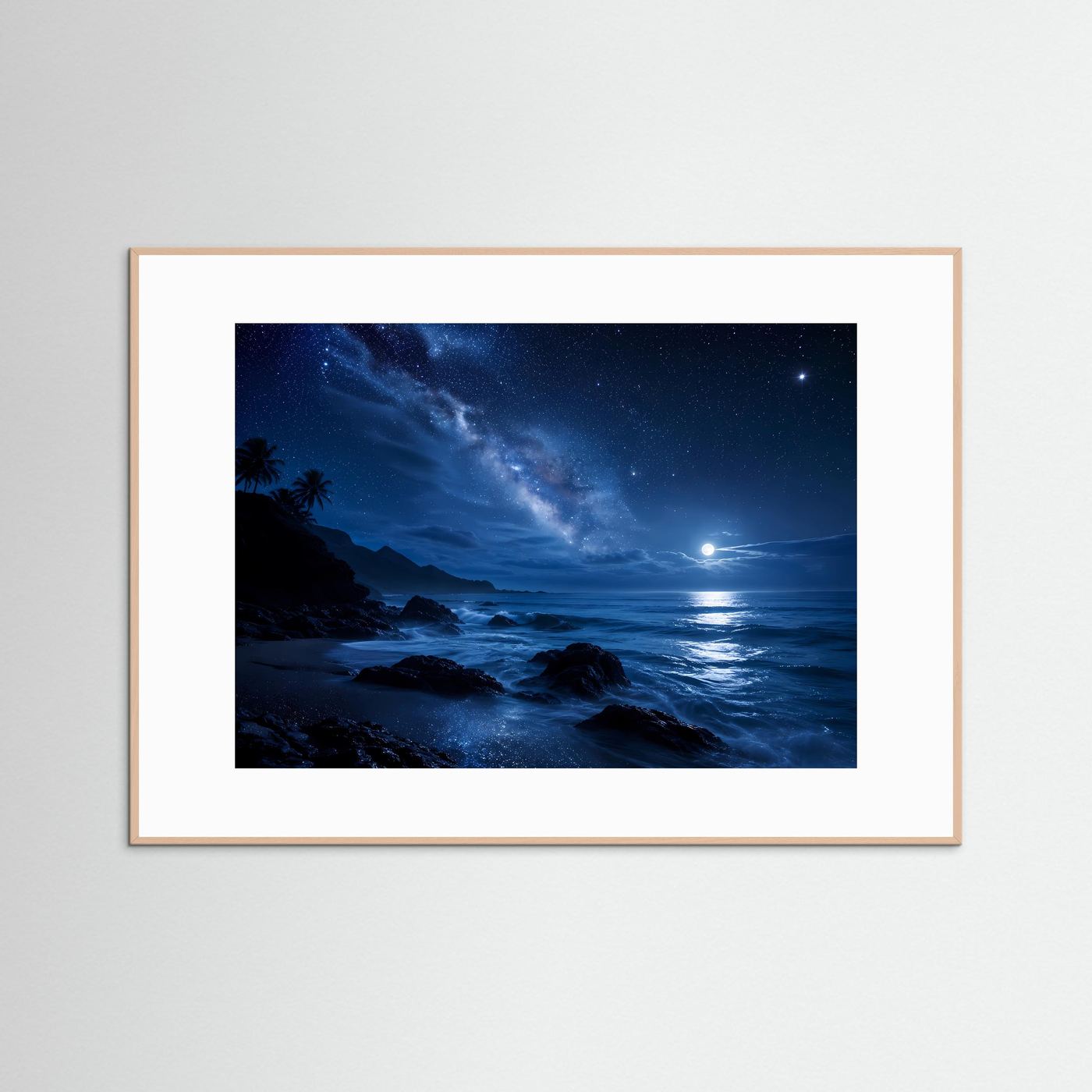 Mystische Mondnacht am Ozean | Nächtliches Küsten-Poster & Sternenhimmel Wandbild Querformat