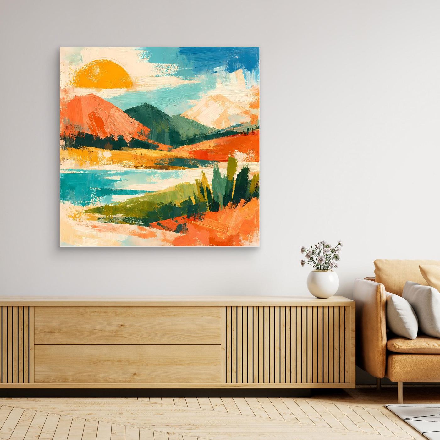 Abstraktes Leinwand-Wandbild mit Sonne über See, Hügeln und bunten Pinselstrichen, mit dunklem Rahmen