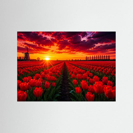Poster Querformat mit rotem Tulpenfeld, Windmühle und Sonnenuntergang, schwarzer Rahmen