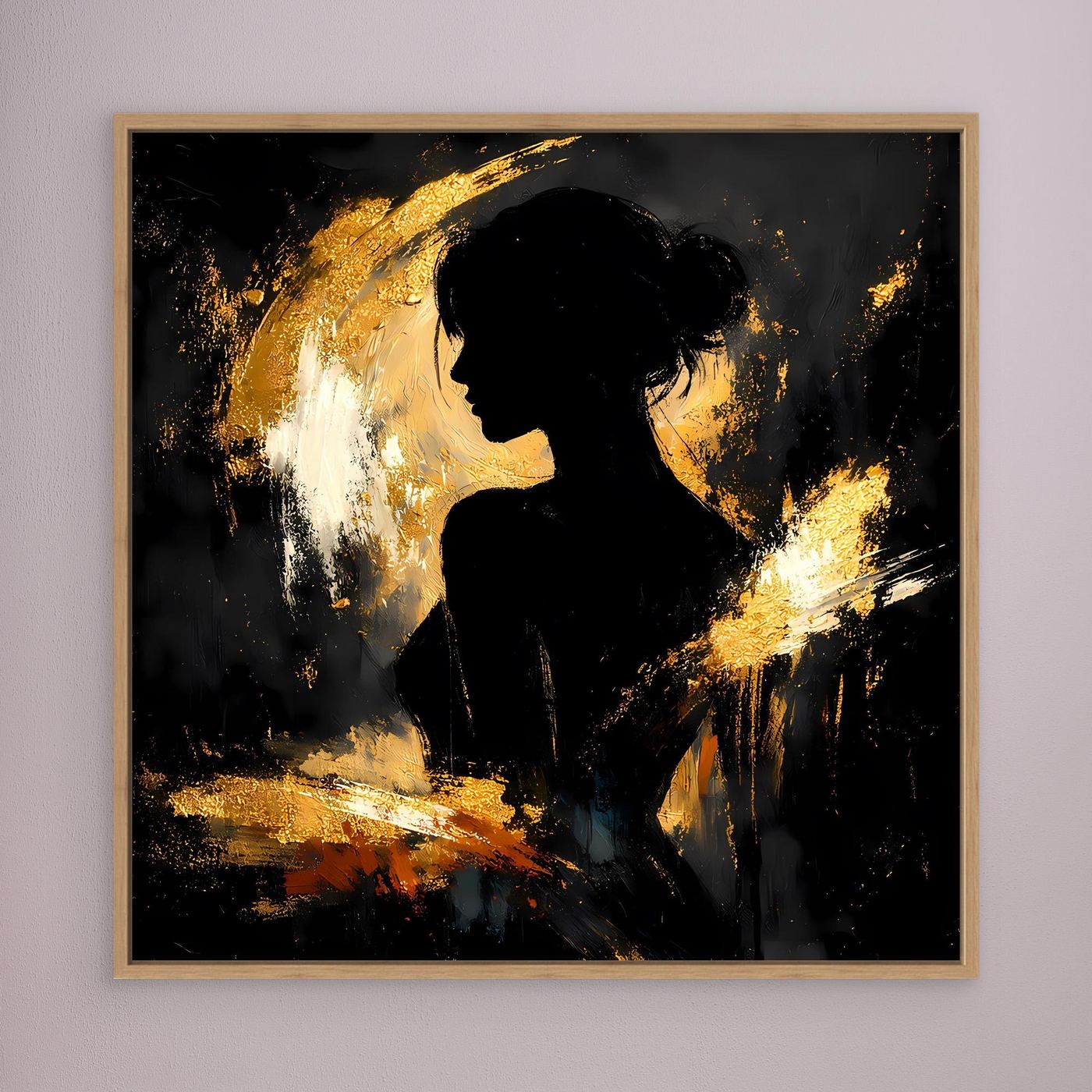 Leinwand Elegante Silhouette in Gold und Schwarz | Modernes Abstraktes Frauen Portrait Wandbild
