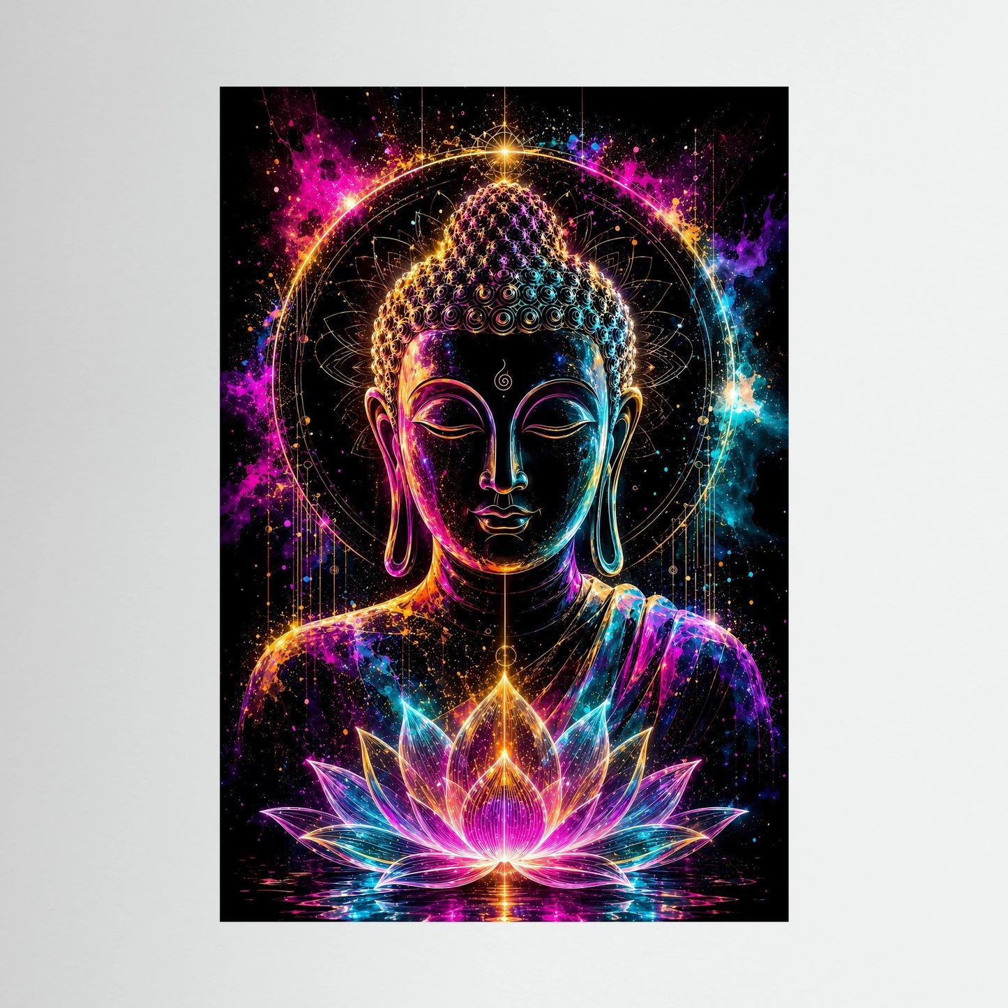 Neon-Kunstposter mit Buddha und leuchtender Lotusblüte, Pink, Türkis und Gold, schwarze Einfassung