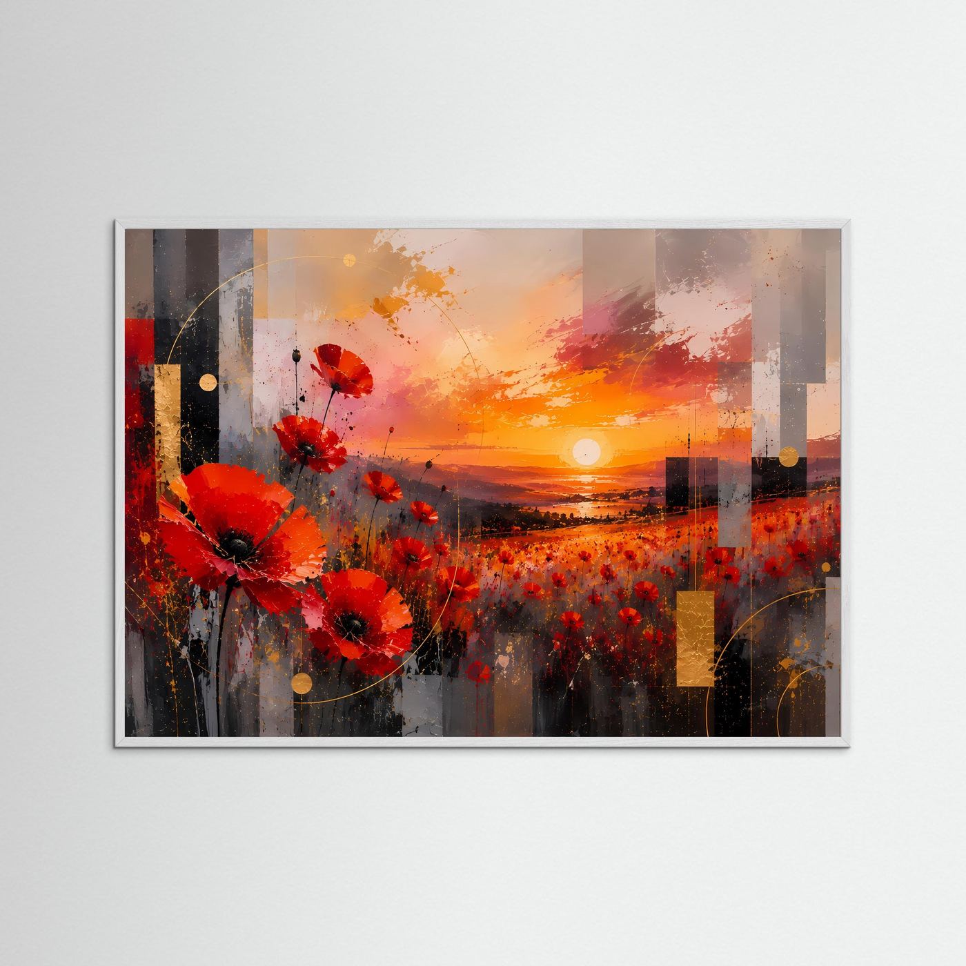 Abstrakter Kunstdruck mit roten Mohnblumen und orangefarbenem Bild im weißen Holzrahmen
