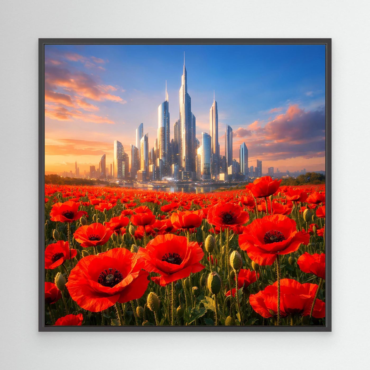 Leinwandbild mit roten Mohnblumen und futuristischer Skyline im schwarzen Rahmen
