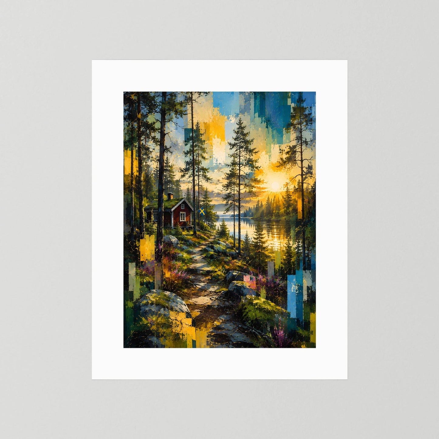 Poster im Hochformat mit Waldlandschaft, See und kleinem Haus, weiß hinterlegt