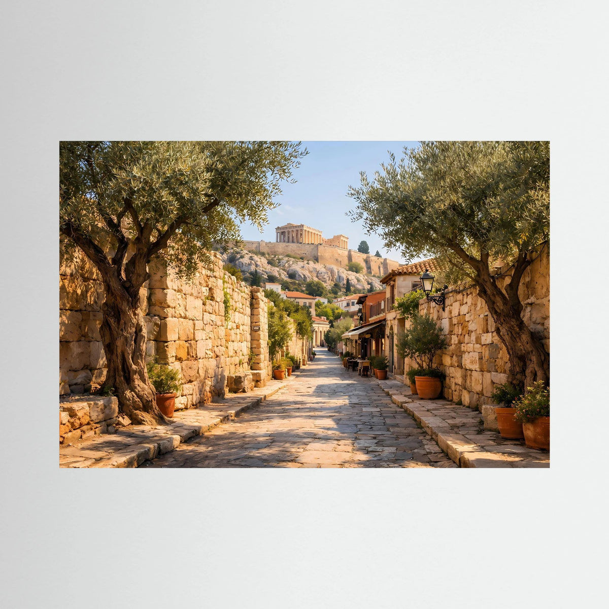 Wandbild im Querformat mit Altstadtgasse und Blick auf die Akropolis