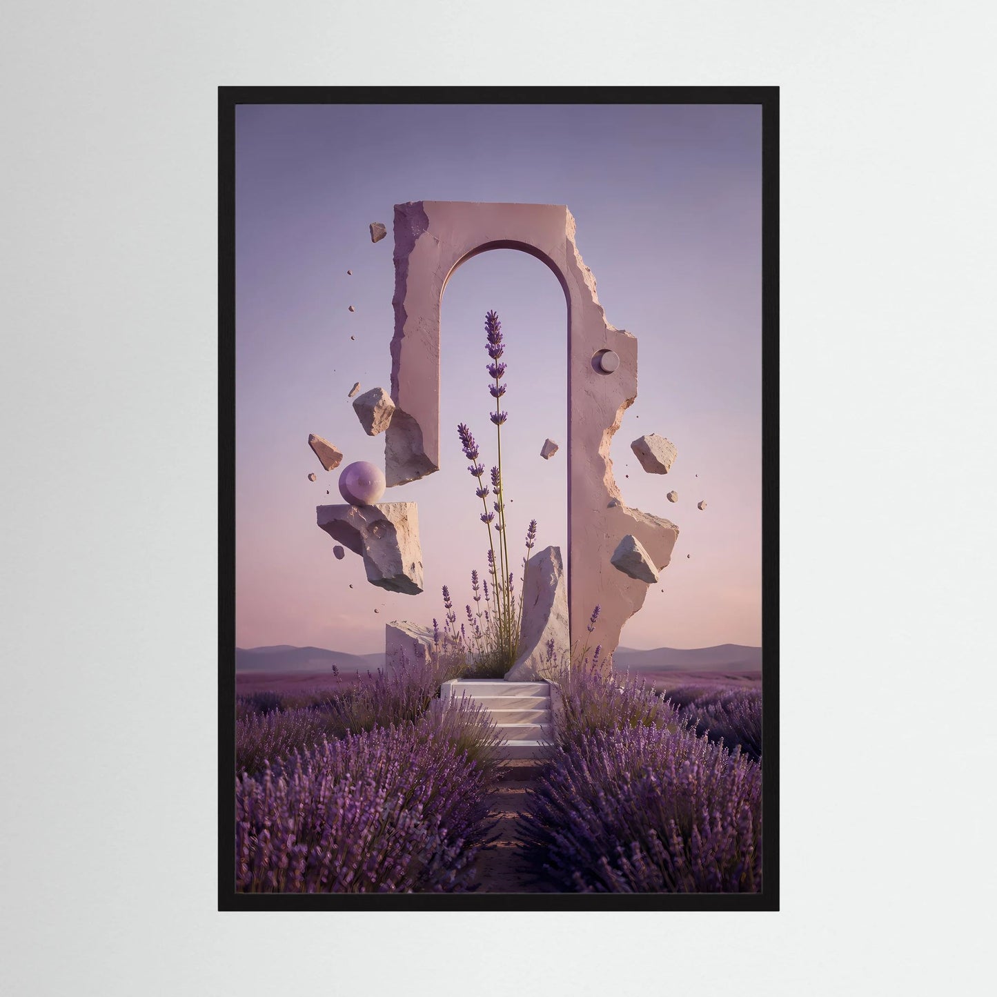 Hochformat-Poster mit violettem Lavendelfeld, Treppenweg und Portal aus Stein, schwarzer Rahmen