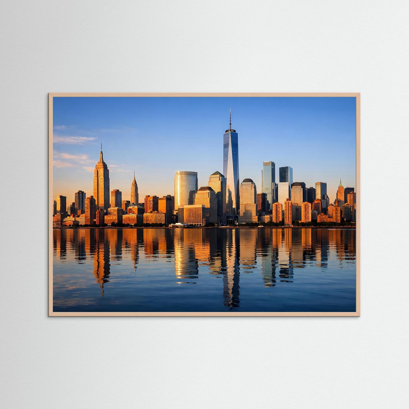 Manhattan-Wandbild mit braunem Rahmen, blaue Innenkante und Stadtansicht am Wasser.