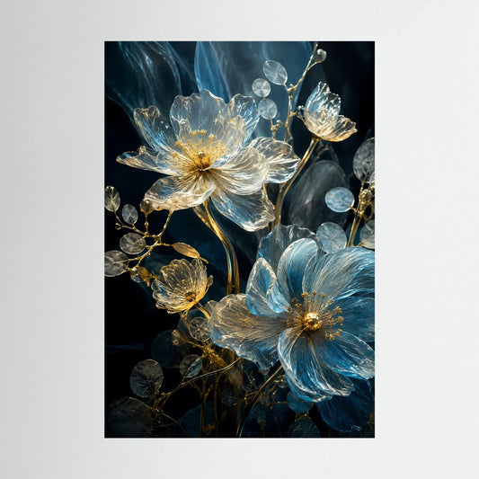 Hochformatiges Poster mit blauen und goldenen Kristallblüten auf dunklem Grund