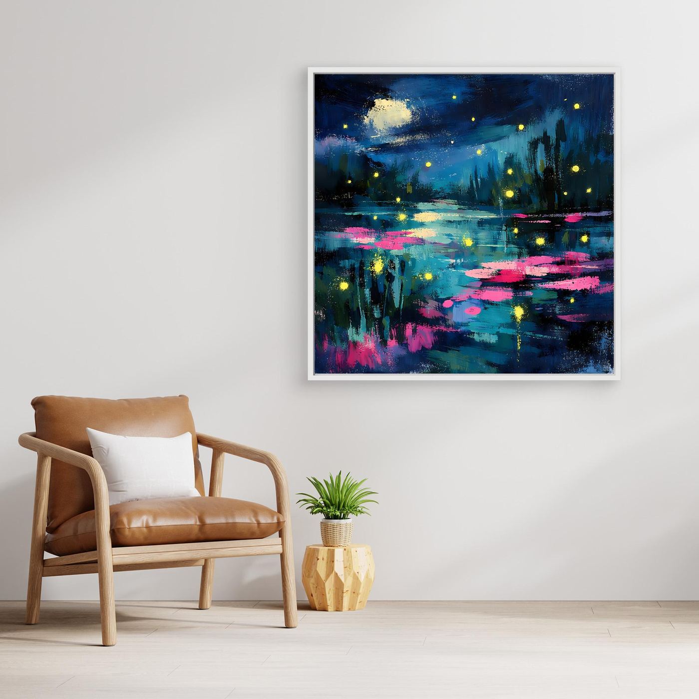 Framed abstract lake wall art with glowing fireflies, pink lily-pad reflections