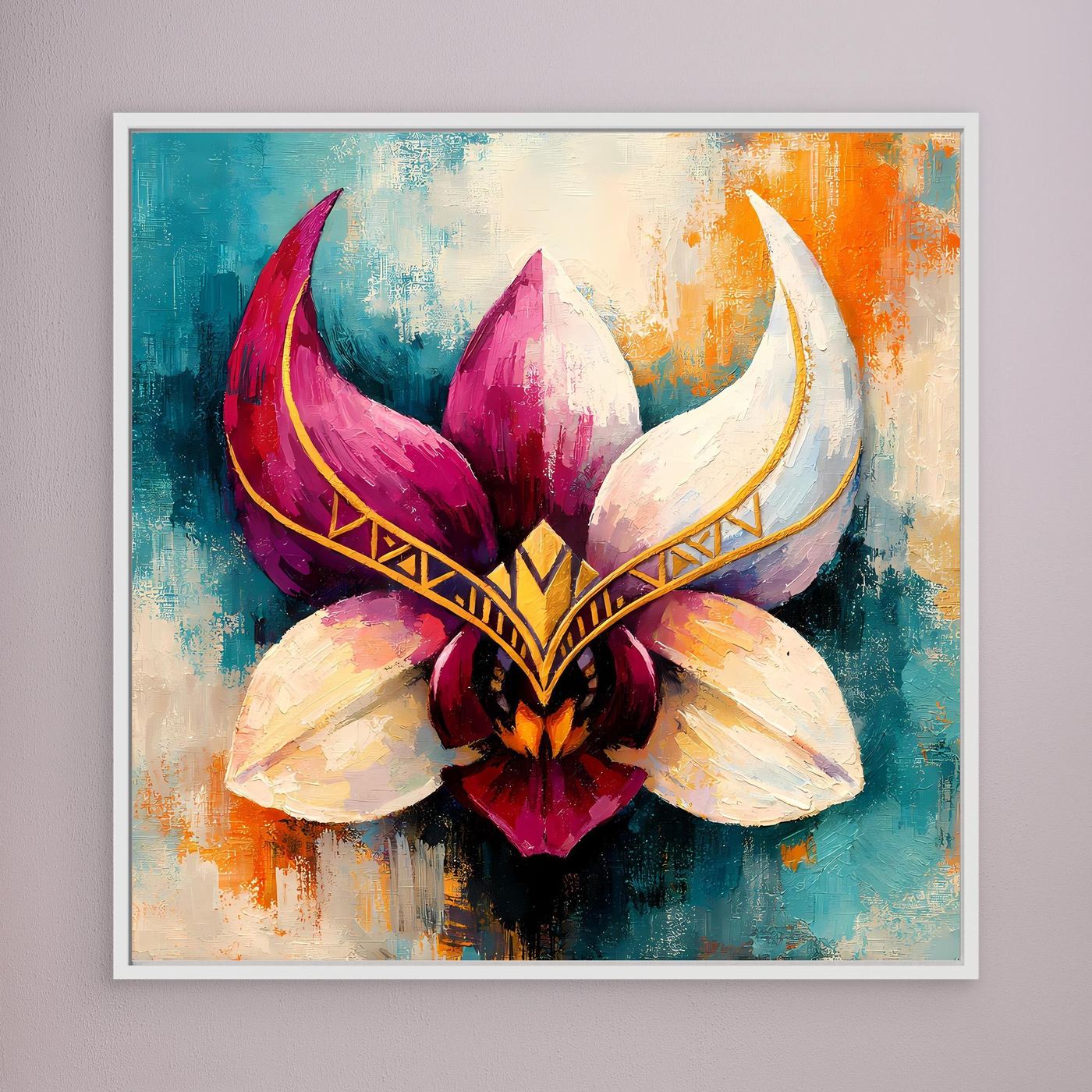 Premium Leinwand Mystische Orchideen-Maske in Gold | Abstraktes Florales Wandbild im Fantasy-Stil