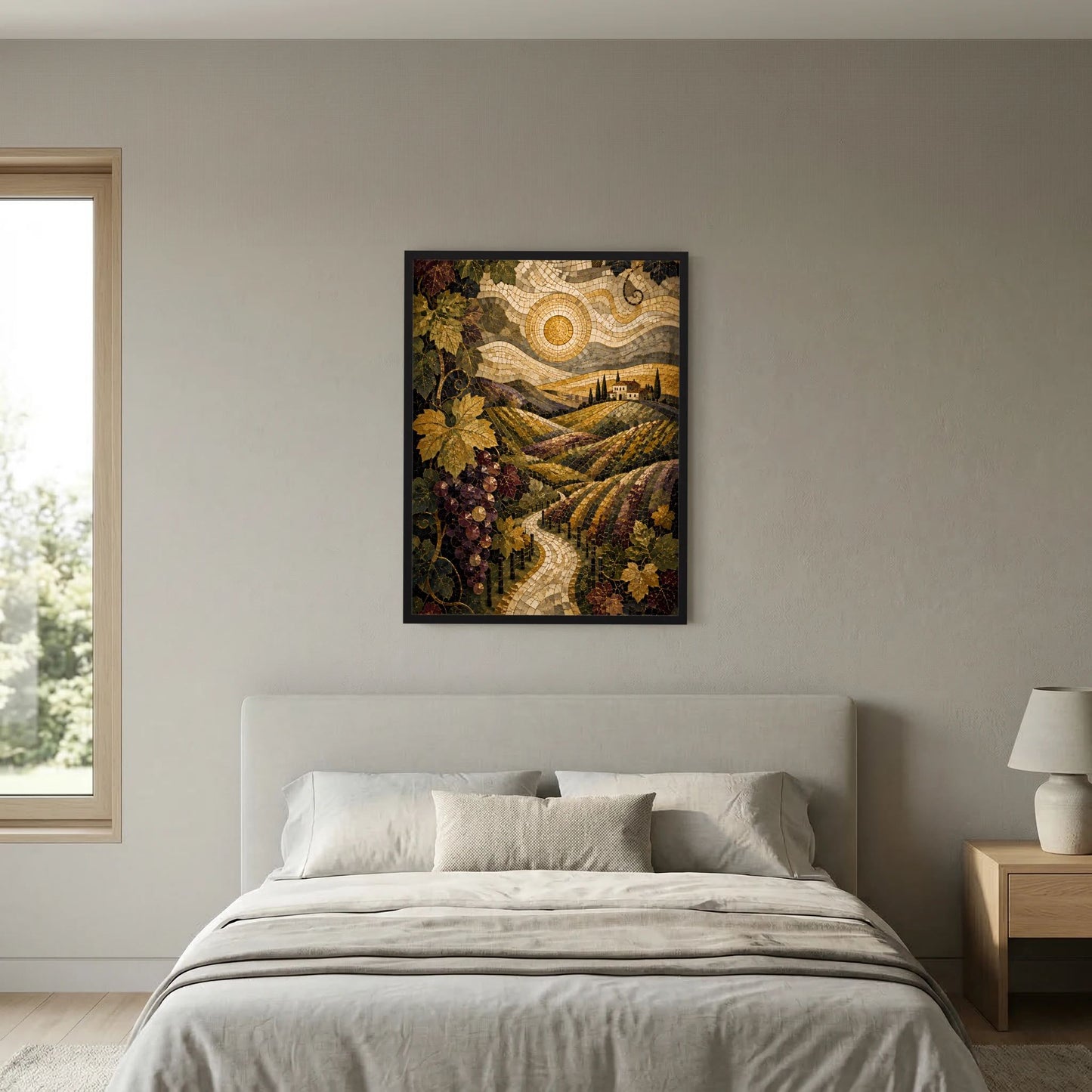 Wandposter mit mosaikartigem Weg durch Weinberge und goldener Sonne, im dunklen Rahmen