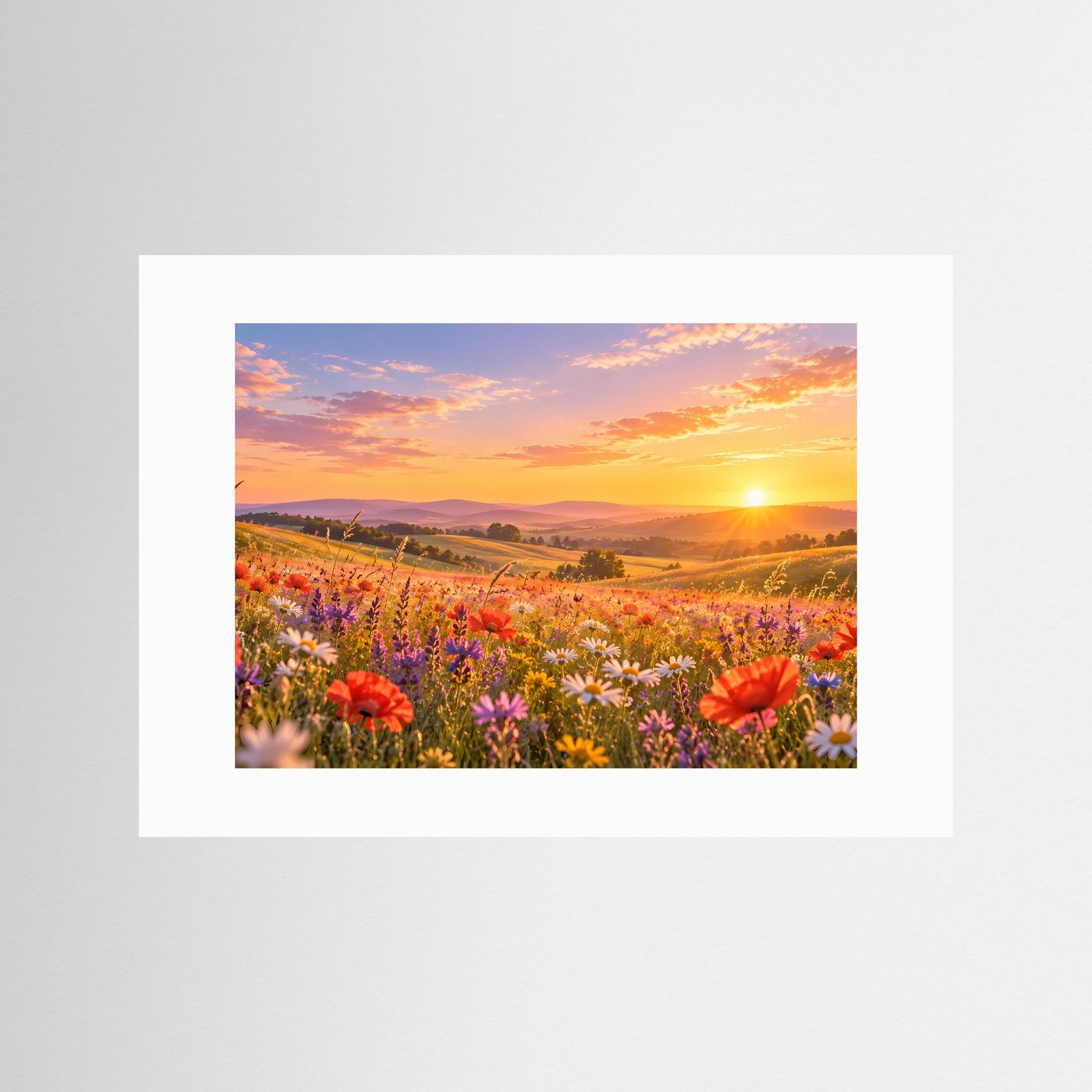 Blumenwiesen-Druck mit weißem Passepartout: Mohn- und Wildblumenfeld bei Sonnenuntergang