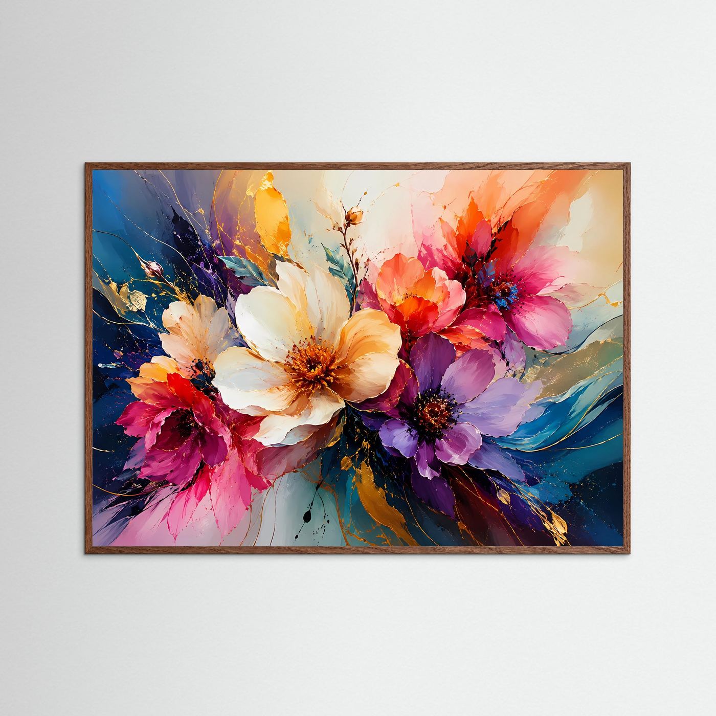 Bunter Blumentraum in Aquarell & Gold | Modernes Blumen-Poster & Kunst-Wandbild