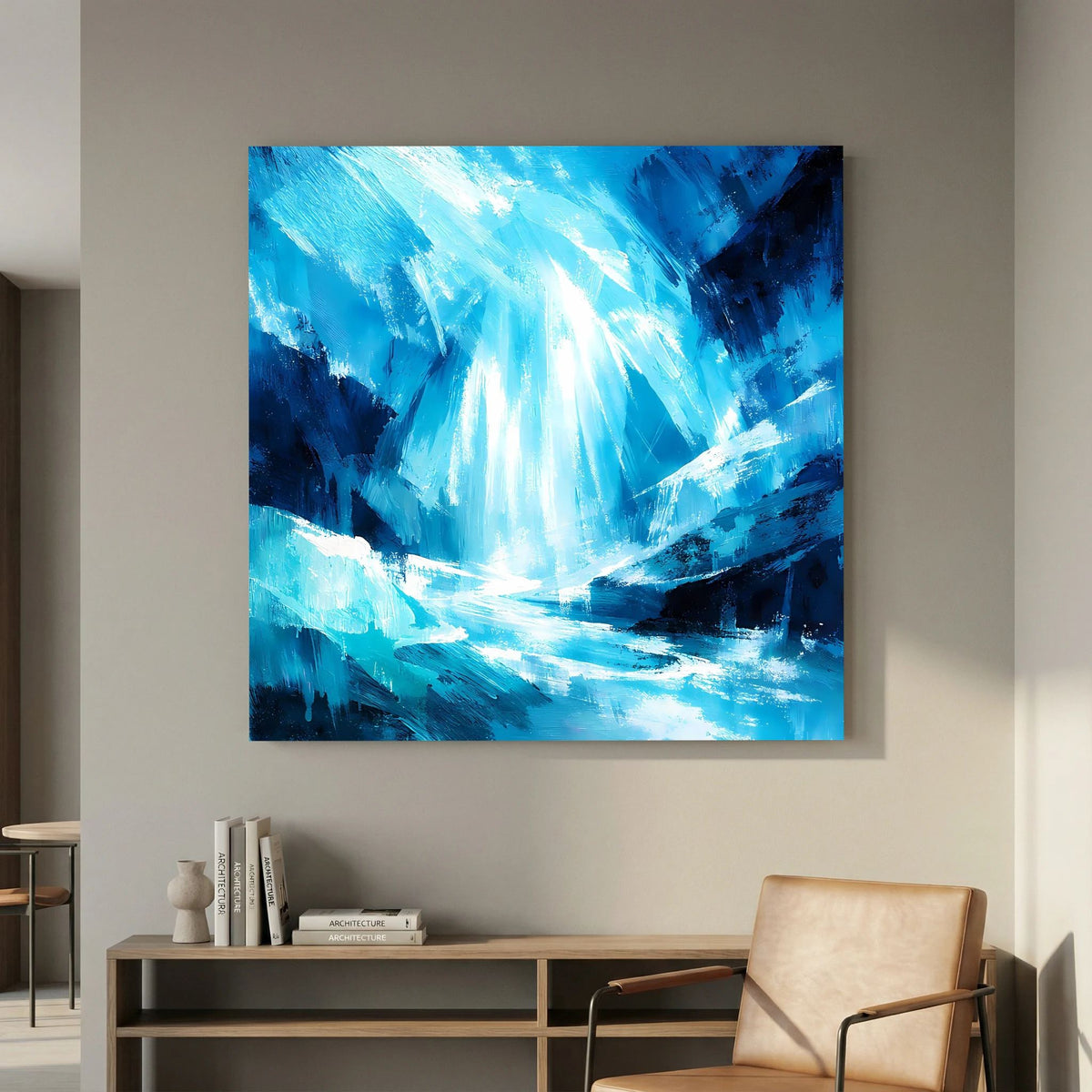 Abstraktes Leinwand-Wandbild: kühler blauer Eiswasserfall mit leuchtenden Strahlen