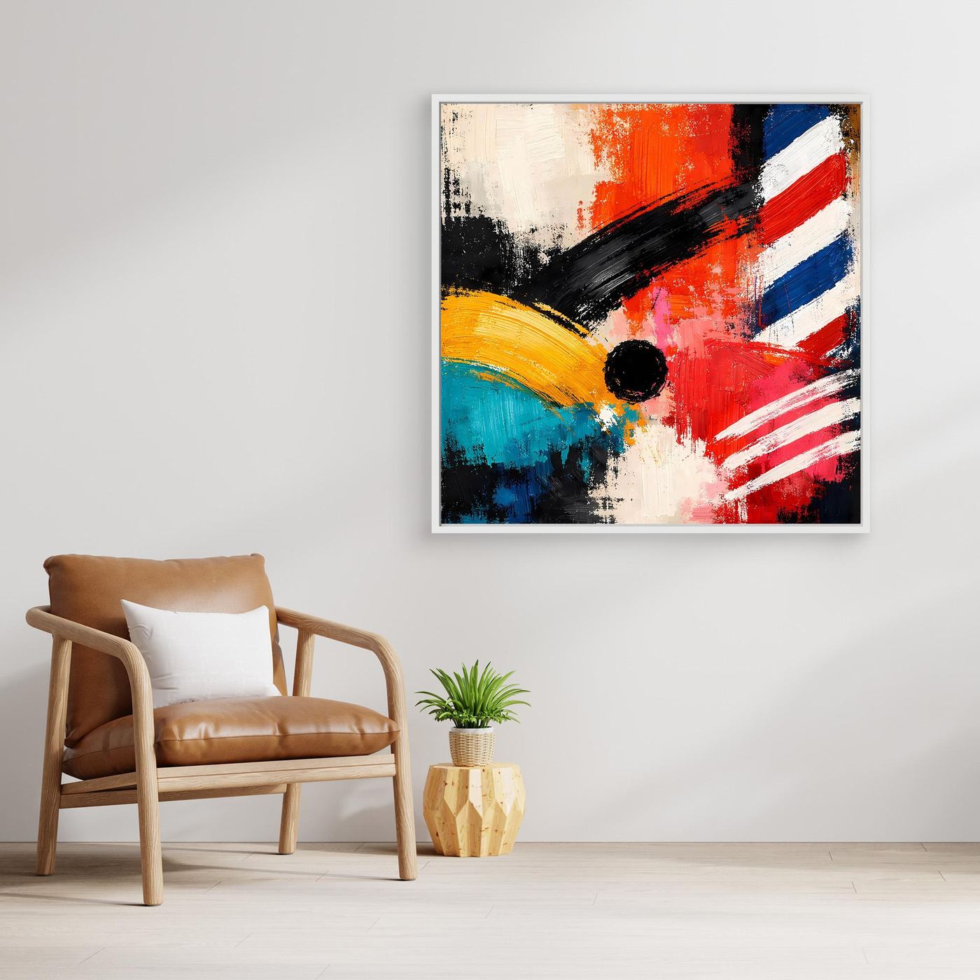 Abstract canvas wall art in a dark frame with red, blue, yellow strokes and black circle