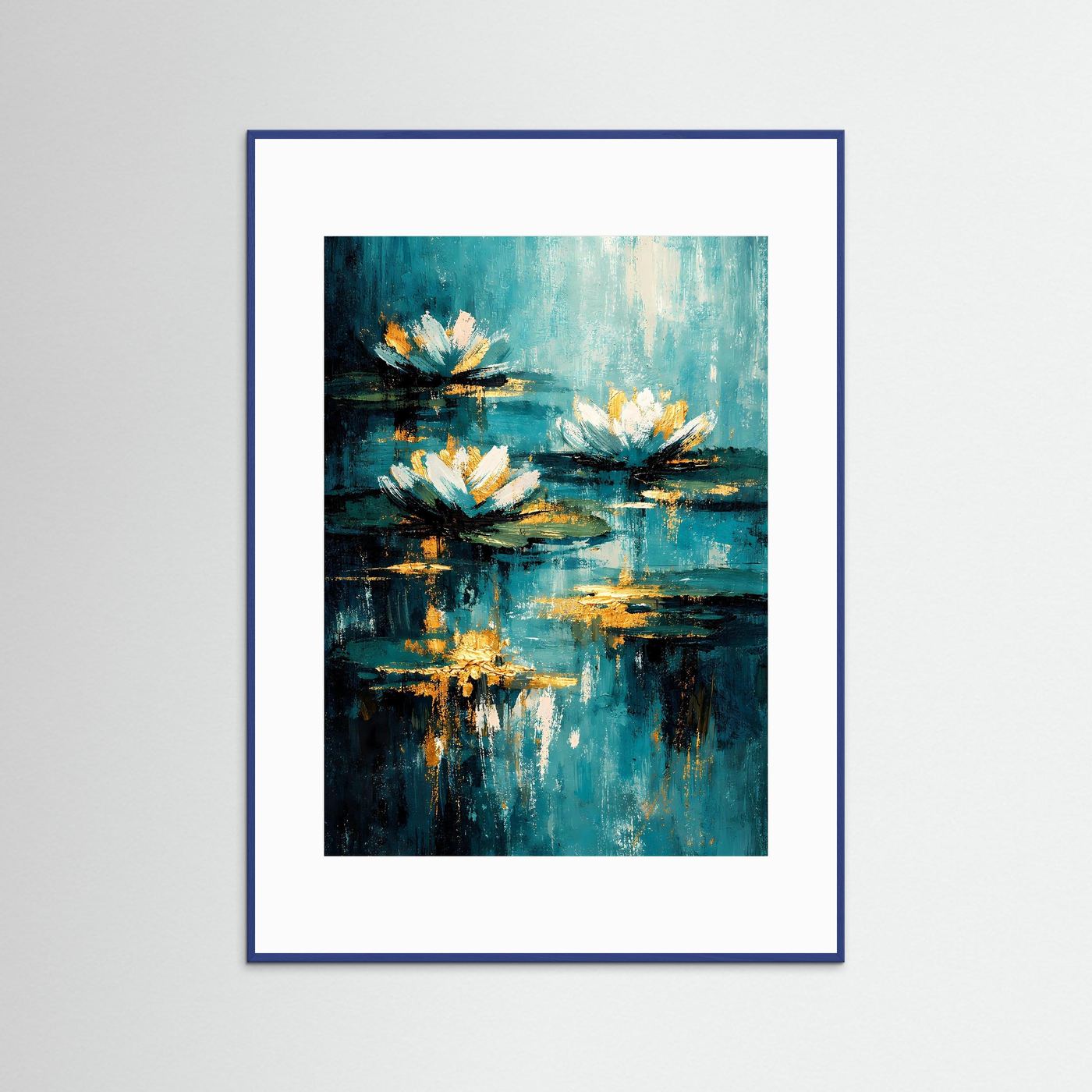 Wandposter mit abstrakten Seerosen auf blauem Teich, türkis und goldfarben, blau gerahmt.