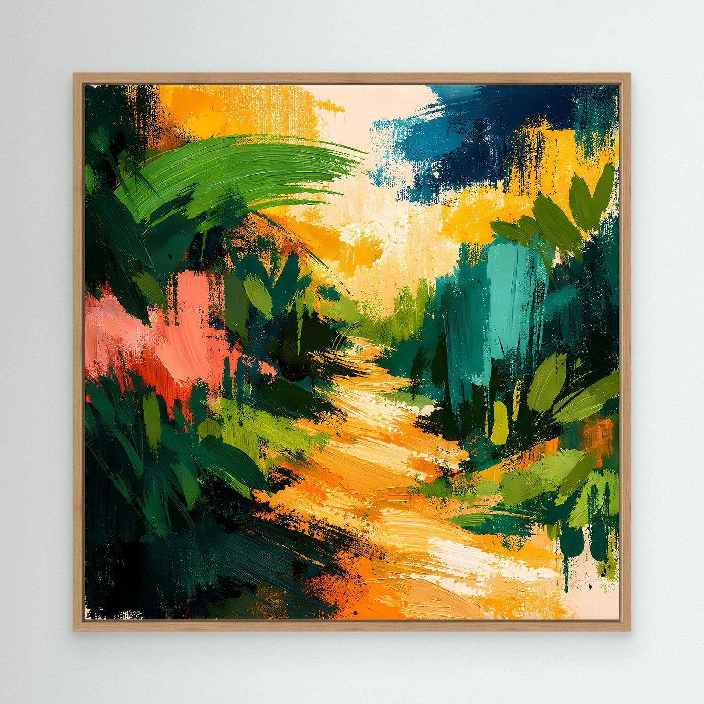 Abstract forest path canvas wall art with light oak frame, vivid green and orange