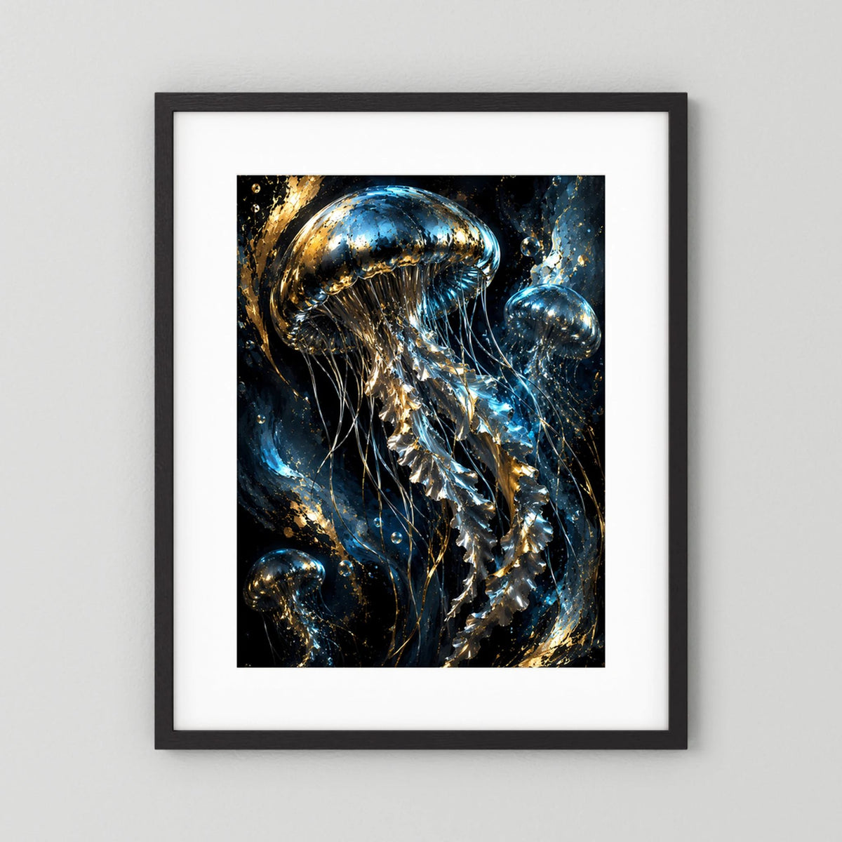 Gerahmtes Poster im Hochformat mit goldenen und blauen Quallen, schwarzer Rahmen
