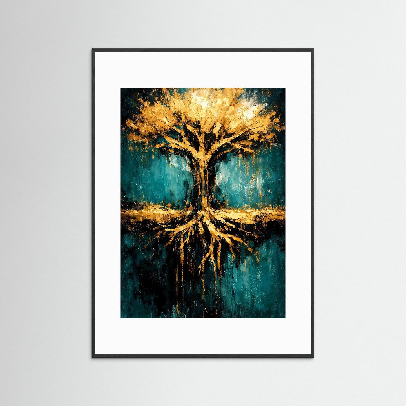 Wandbild mit Lebensbaum-Abstraktion in Smaragdgrün und Gold, weißer Rahmen