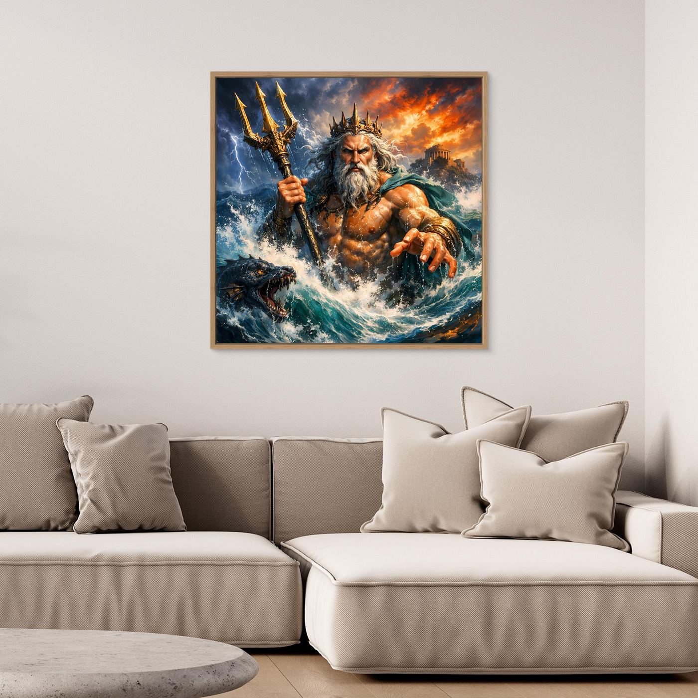 Leinwand Monumentaler Poseidon im Wellenrausch | Mythisches Meeresgott Wandbild