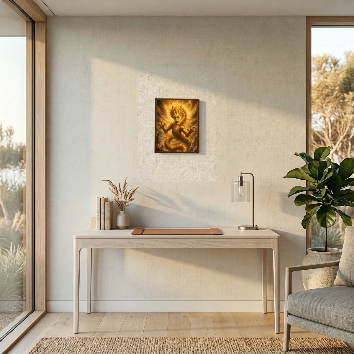 Wandposter im schwarzen Rahmen mit goldener Drachenillustration