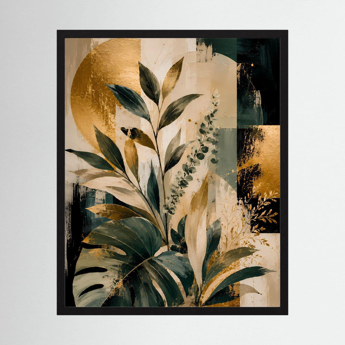 Gerahmtes Kunstposter mit abstraktem Blattmotiv in Grün- und Goldtönen