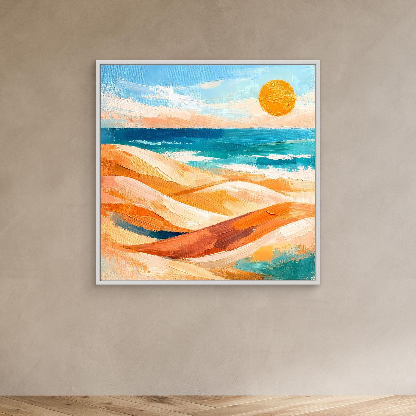 Leinwand-Wandbild mit abstraktem Strand und Meer, Sonnenmotiv, mit weißem Rahmen