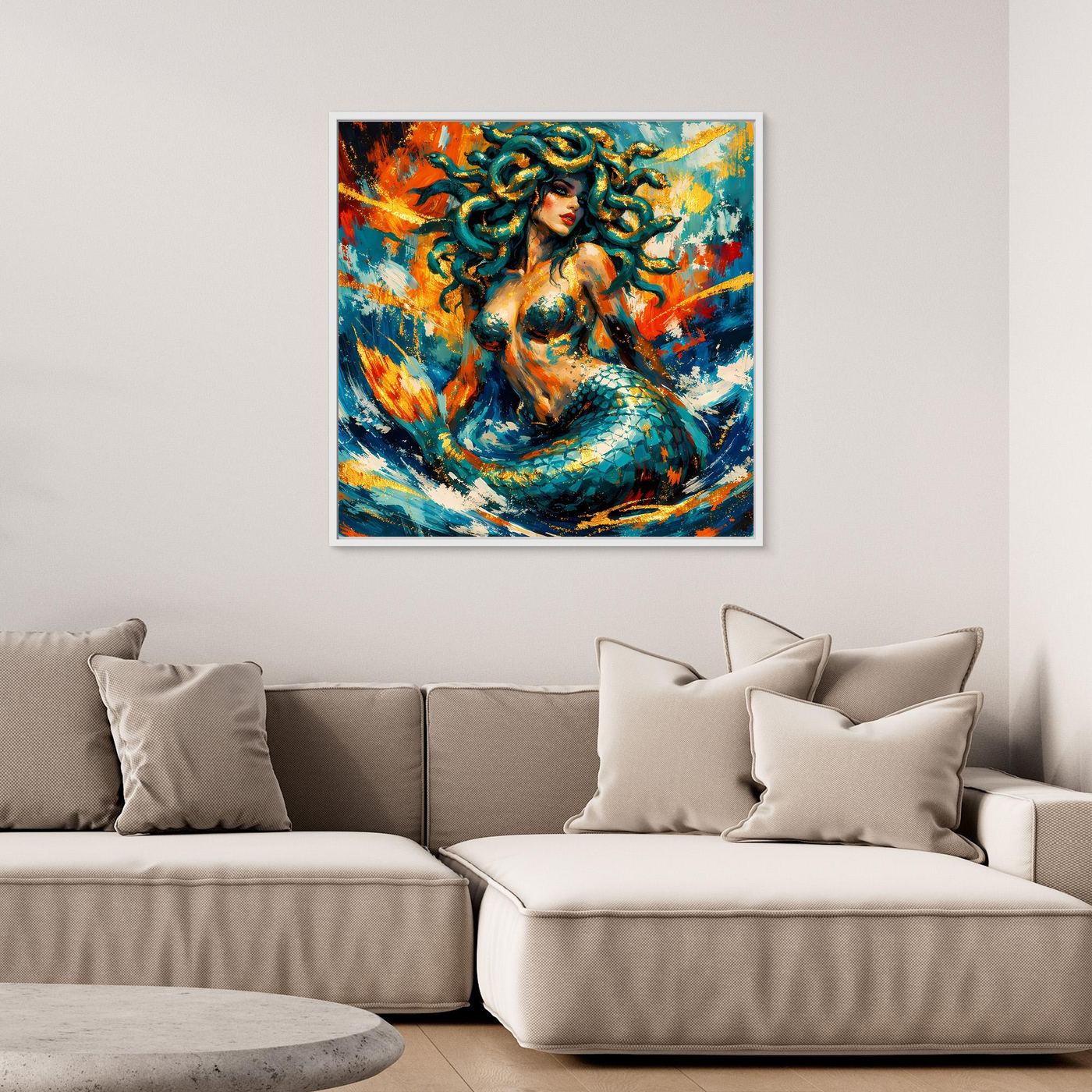 Gerahmtes Leinwandbild mit Meerjungfrau und Medusenhaar in Blaugrün, Orange und Gelb, abstrakt.