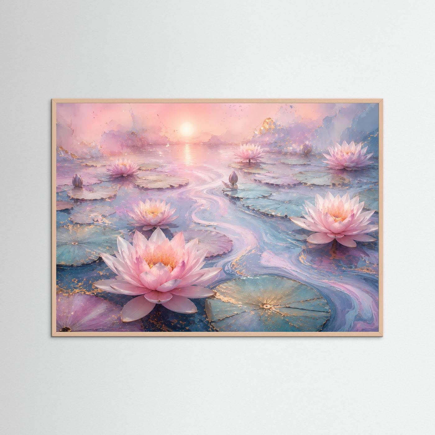 Lotusblüten Poster Querformat | Rosa Seerosen auf Wasser | Elegante Zen Wandkunst in Pastell