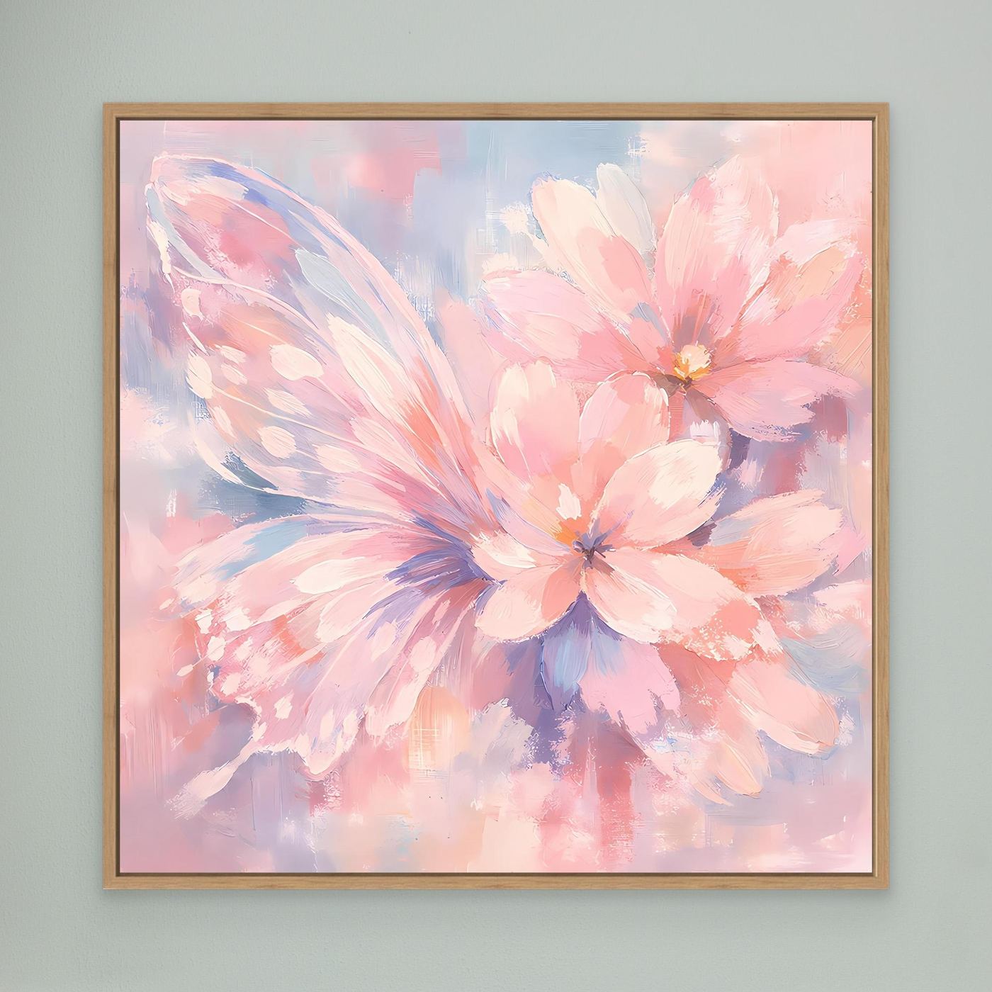 Leinwandbild mit Schmetterlingsblüten im Pastell-Look, Eichenholzrahmen
