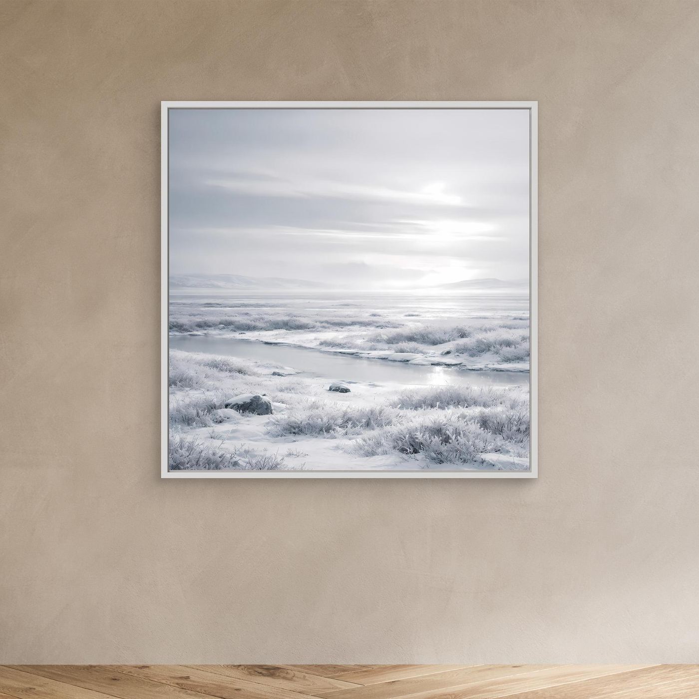 Leinwandbild mit weißem Rahmen und verschneiter Winterlandschaft, Schnee und Landschaft